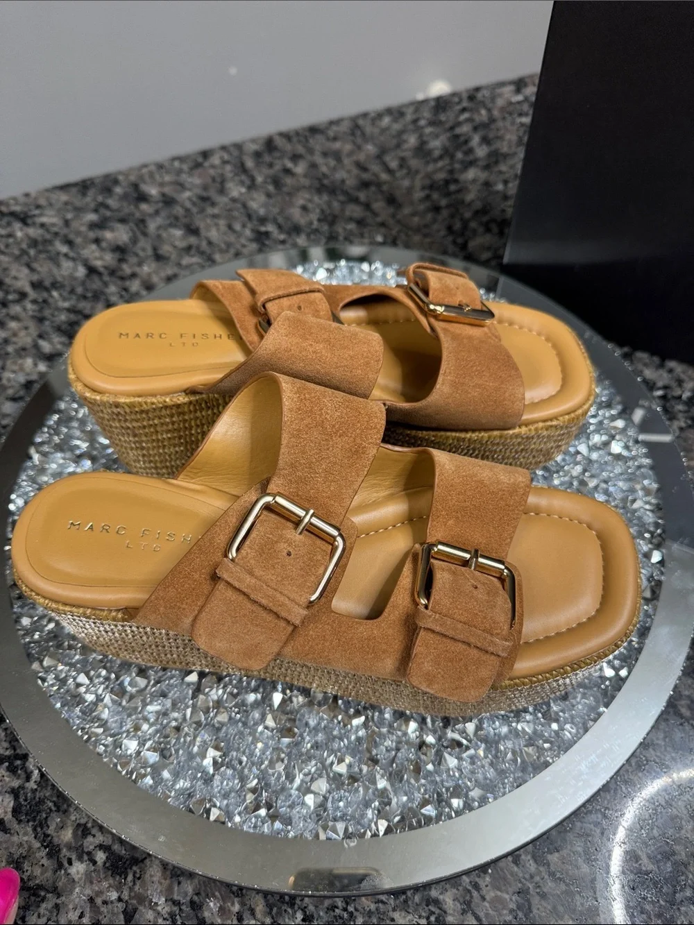 Marc Fisher Palery leather Suede Tan Platform Slide Sandals Buckles Woven sole